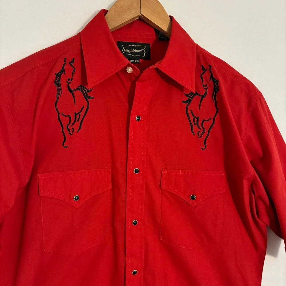 Vtg High Noon Western Shirt Mens L Pearl Snap Embroidered Horse Cowboy Rodeo
